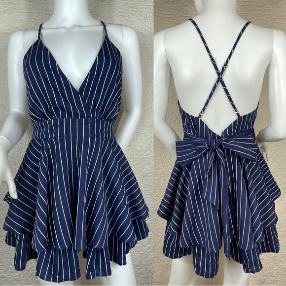 Lulus Dresses & Skirts - 🔥Lulus Ruffle & Flow Black Striped Backless Ruffle
Romper Blue White